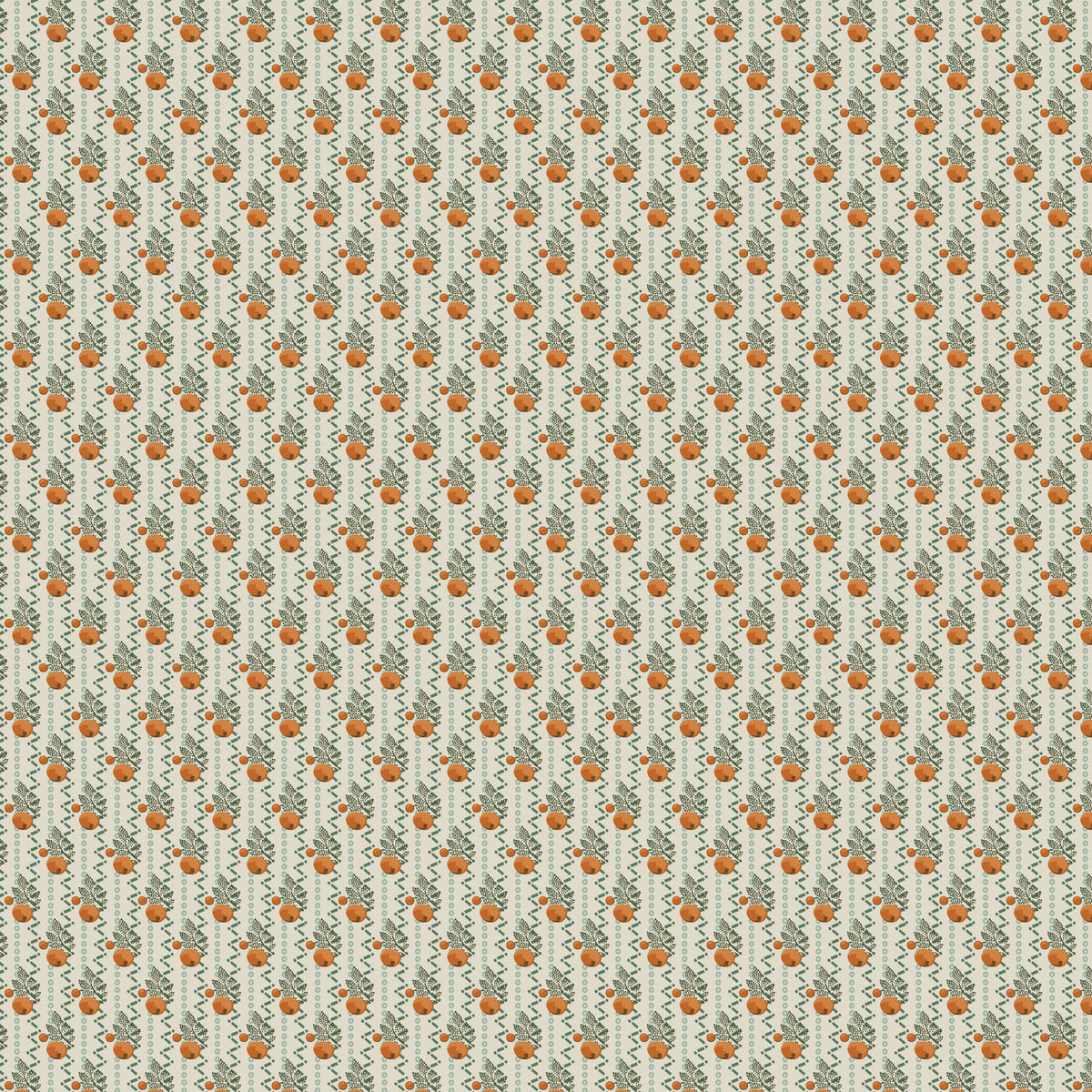 Colorful floral pattern fabric featuring orange flowers and green leaves on a cream background.