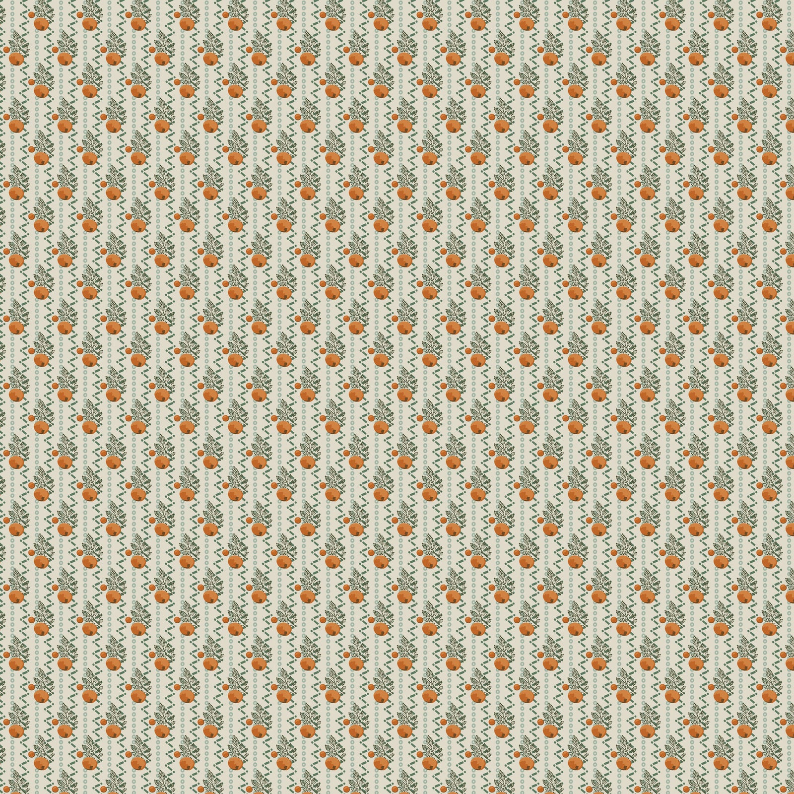 Colorful floral pattern fabric featuring orange flowers and green leaves on a cream background.