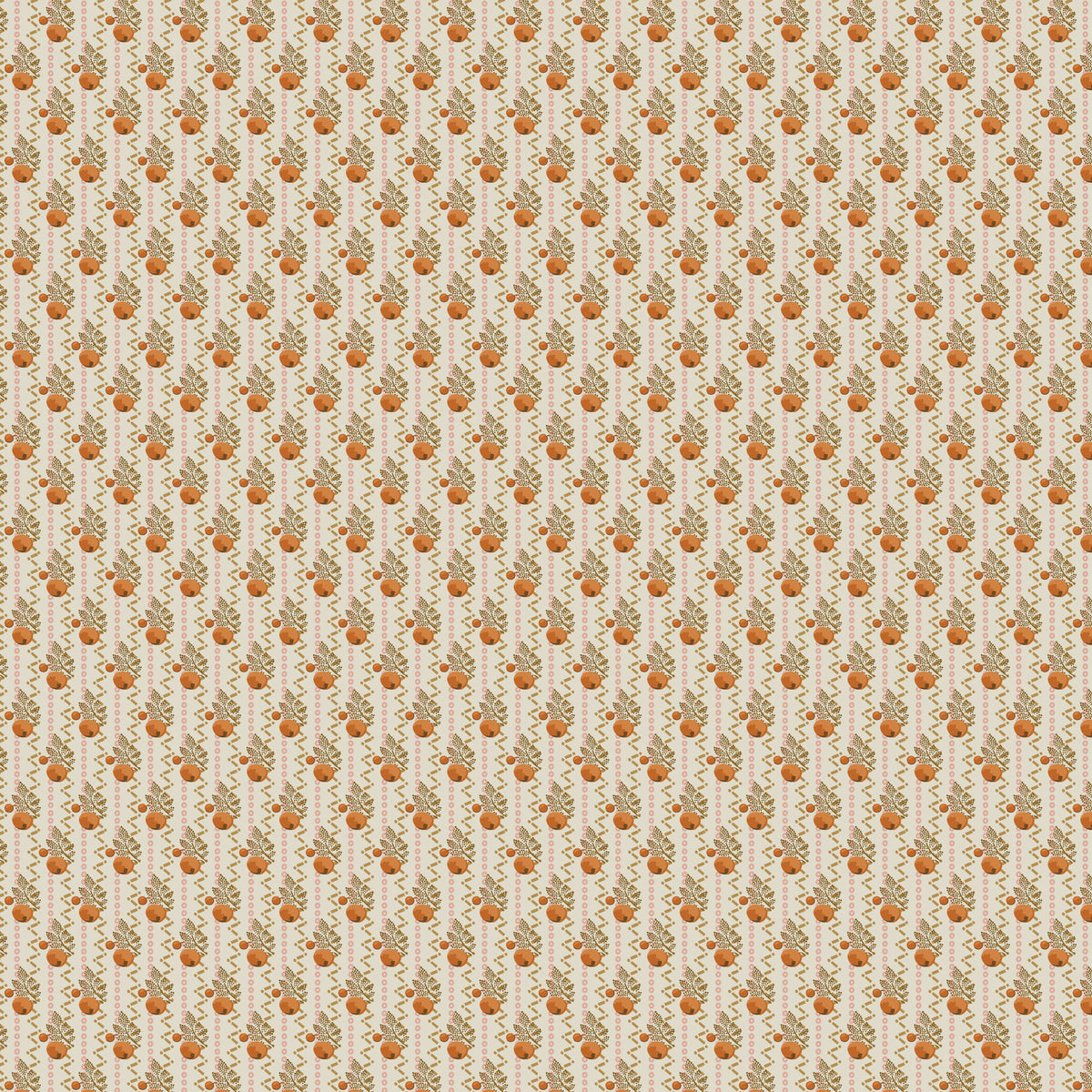 Colorful floral fabric pattern with orange and green elements on a cream background.
