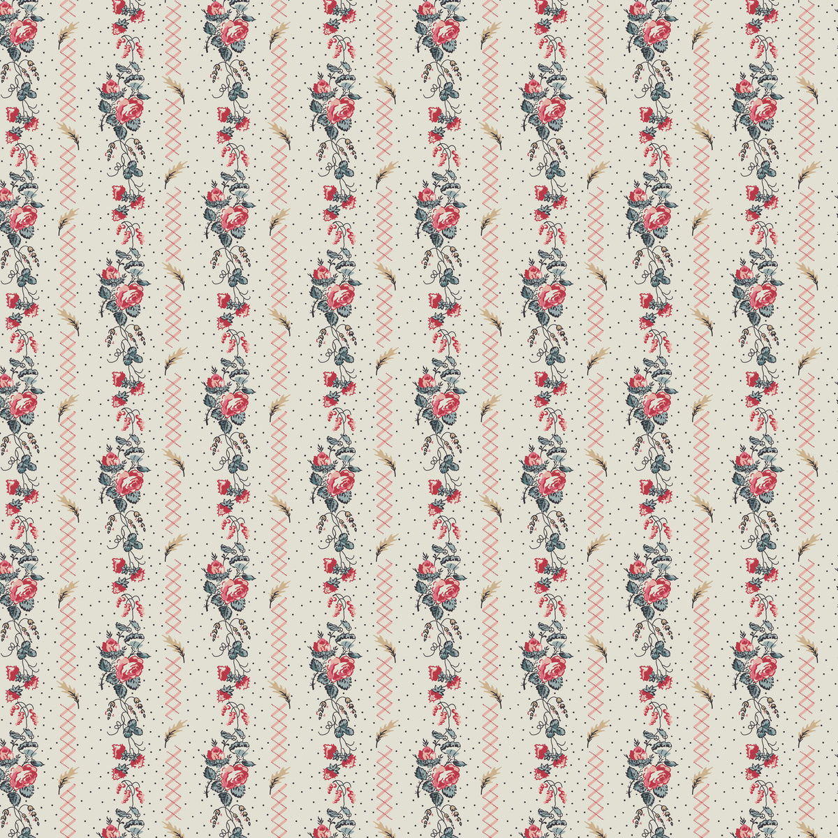 Floral patterned fabric in cream, featuring red roses and blue accents, perfect for sewing projects.