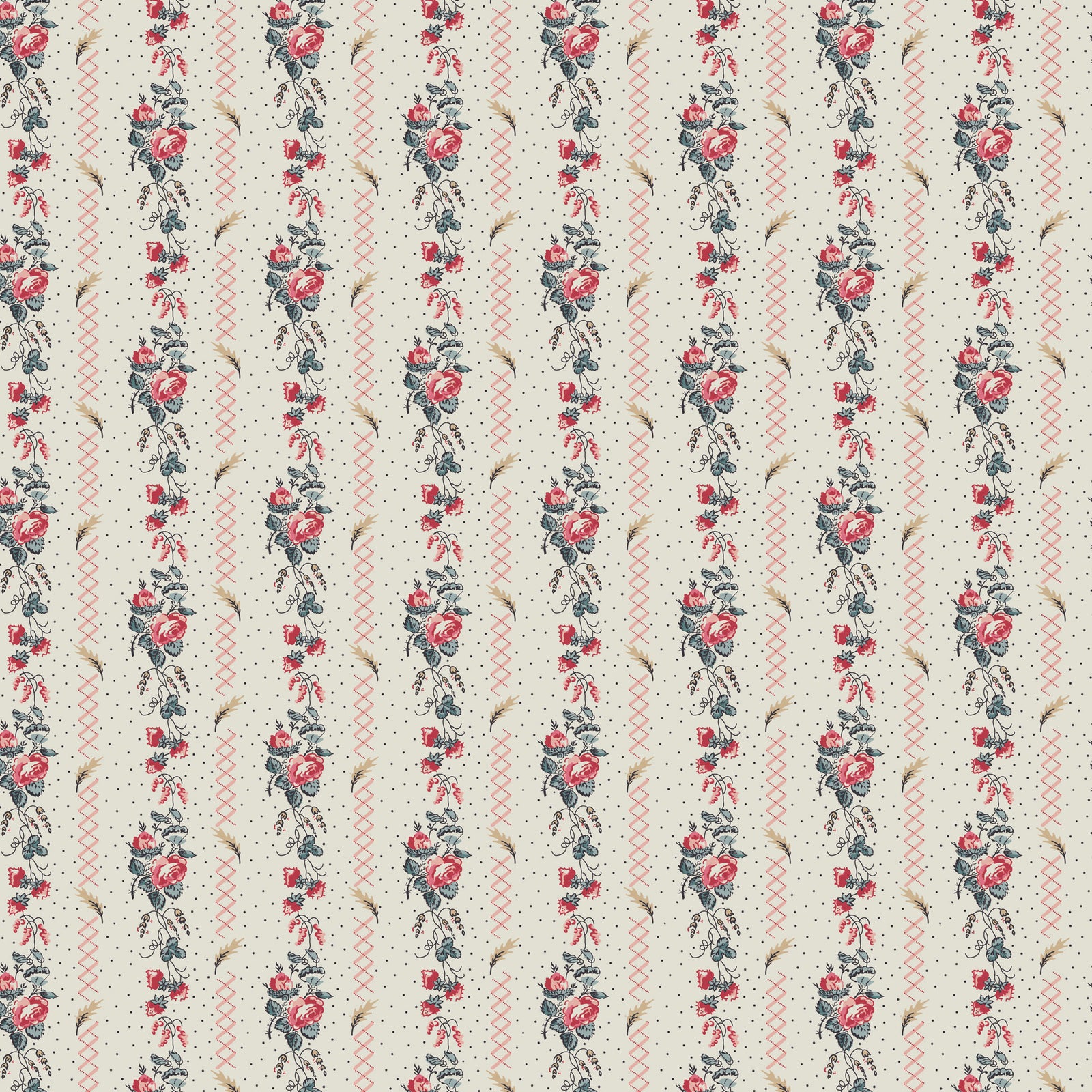 Floral patterned fabric in cream, featuring red roses and blue accents, perfect for sewing projects.