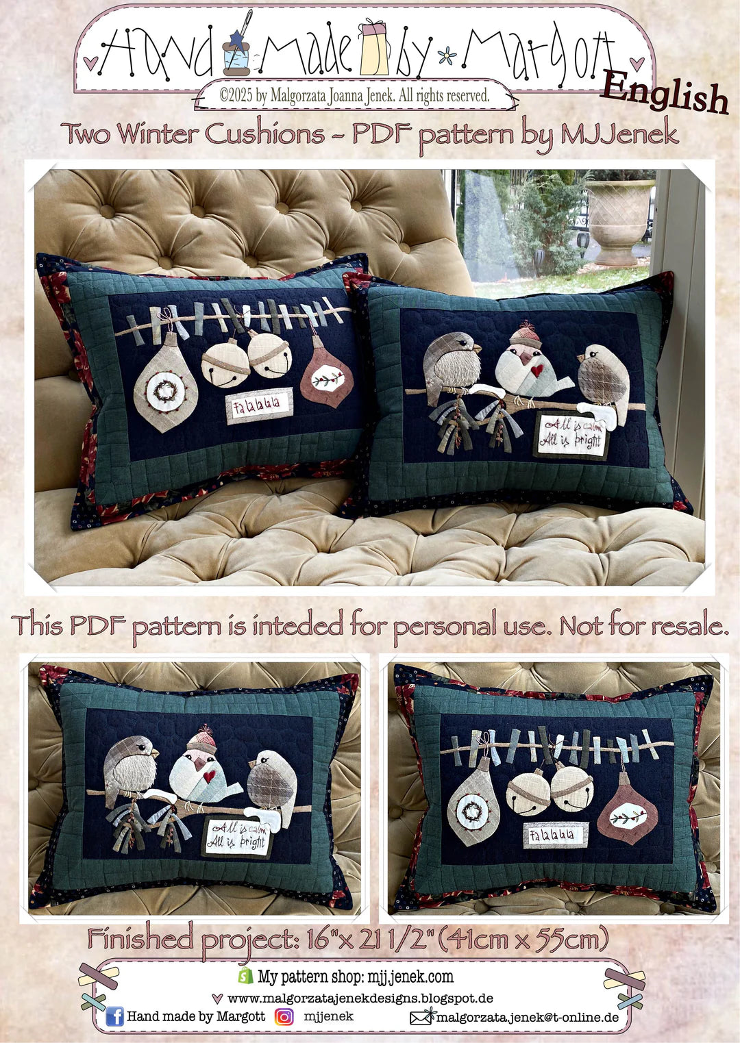 Two winter cushion PDF pattern, featuring birds and bells, 16"x21.5", decorative quilted design.