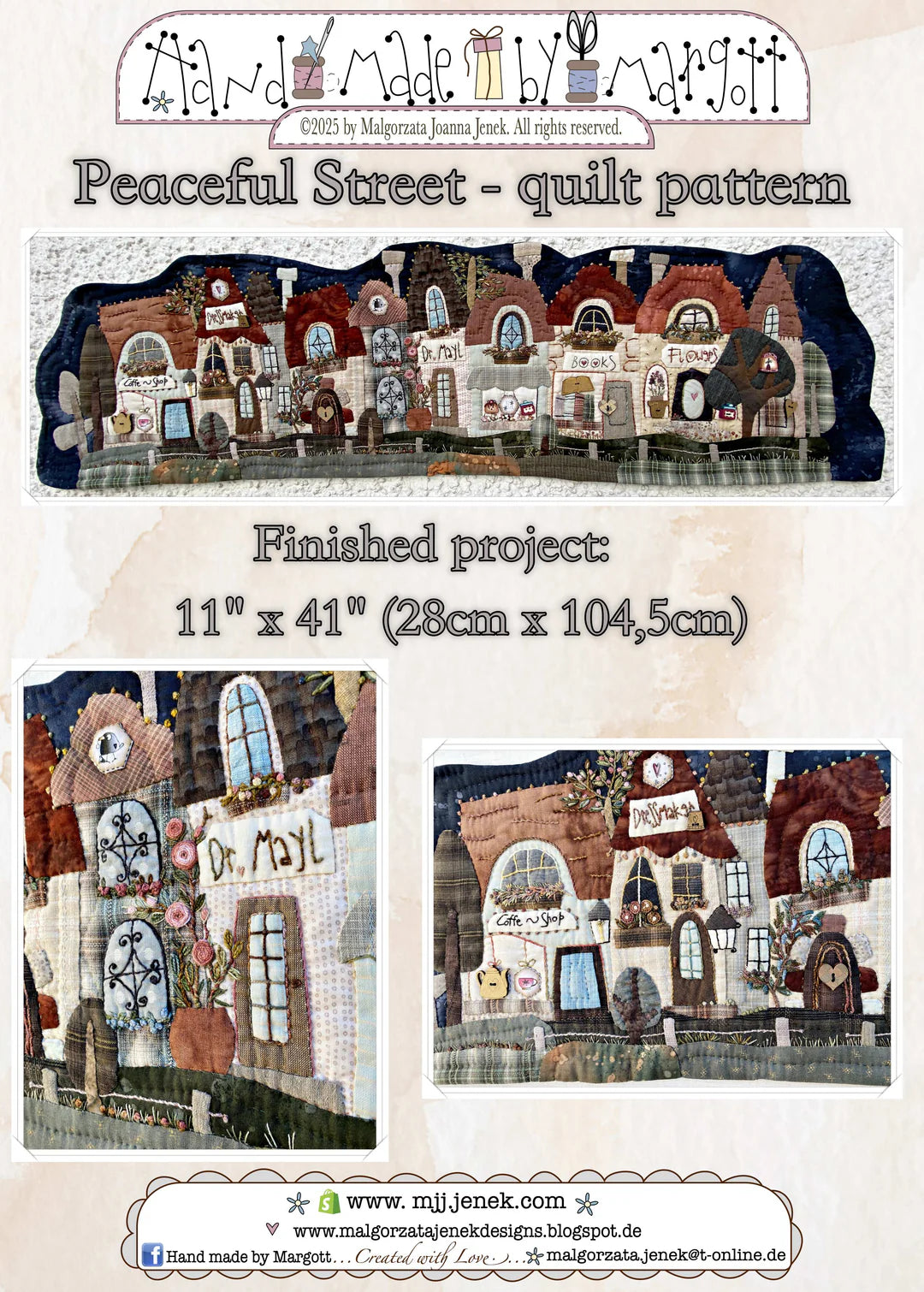 Peaceful Street quilt pattern, 11" x 41", colorful houses with detailed stitching, perfect for quilting projects.