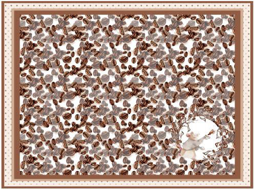 Coffee bean patterned fabric featuring a cute mouse illustration, ideal for unique textile creations.