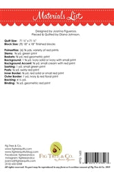 Materials list for a geometric quilt, featuring red and pink patterns, designed by Joanna Figueras.