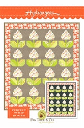 Hydrangeas quilt pattern by Pig Tales & Co, featuring floral design in green and pink on a gray background.