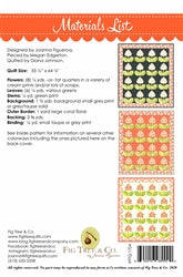 Materials list for a quilt pattern featuring colorful prints in cotton fabric, designed by Joanna Figueras.