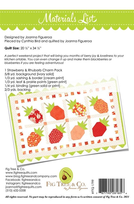 Quilt pattern materials list featuring strawberry and rhubarb design, 20" x 34.5", by Fig Tree & Co.