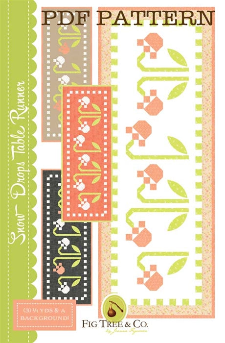 PDF pattern for Snow Drops table runner featuring floral designs in vibrant colors, ideal for home decor projects.