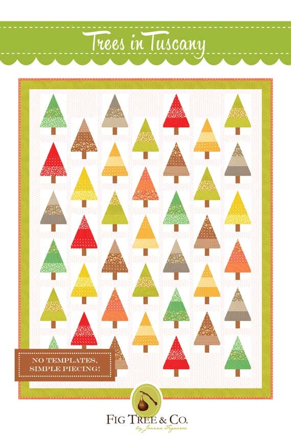 Colorful quilt fabric featuring stylish Christmas trees in various colors and patterns, no templates required.