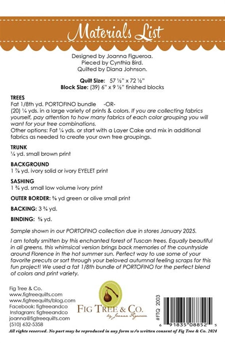 Materials list for a quilt featuring Portofino fabric bundle, assorted prints, and colors, size 57x72 inches.