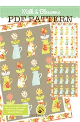 Milk & Blossoms PDF pattern featuring floral jug designs in pastel colors on a beige background.