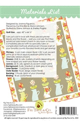 Materials list for quilt pattern, featuring floral design with pitchers, includes dimensions and fabric details.