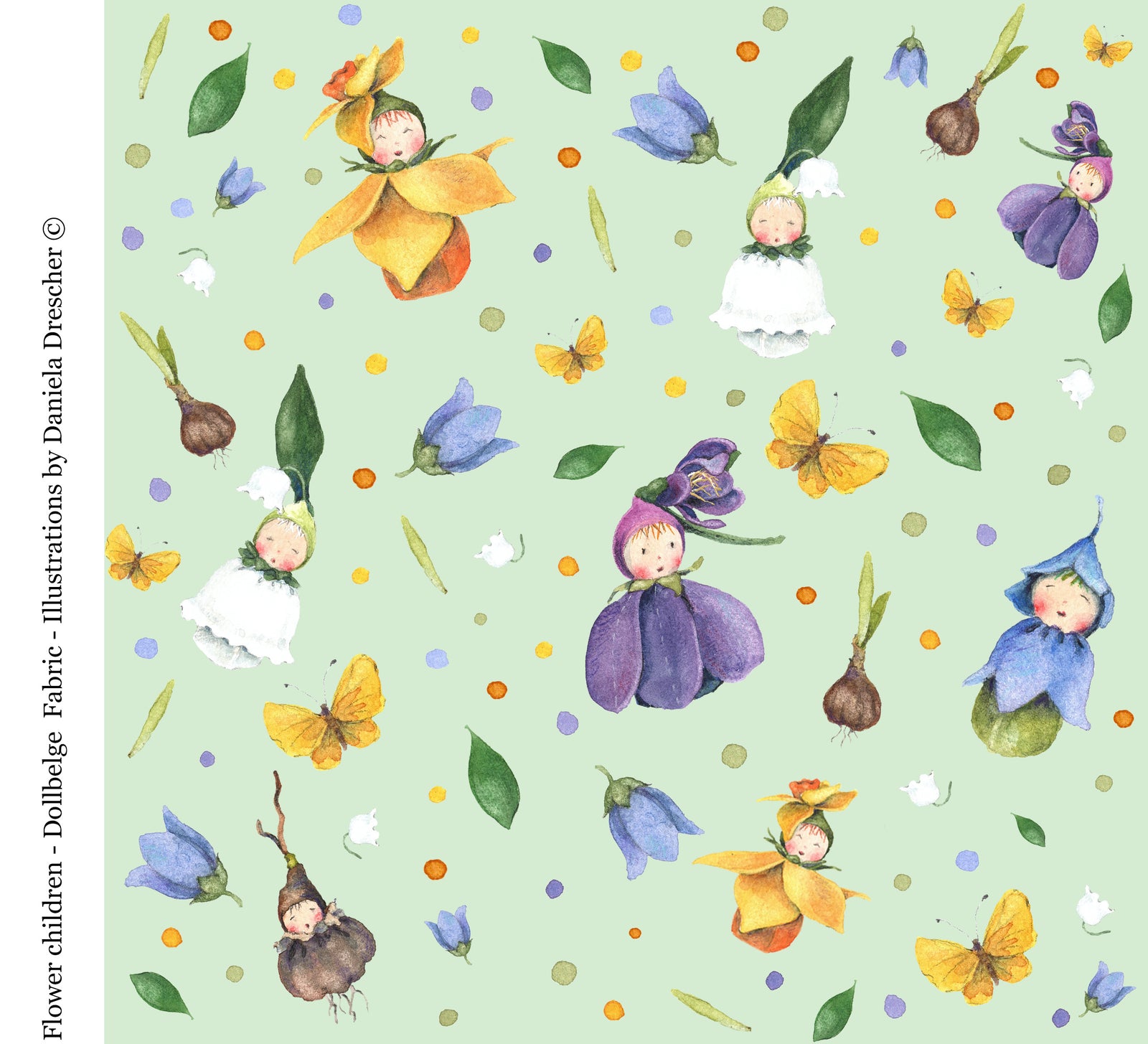Whimsical flower children fabric in pastel green, featuring colorful illustrations of flowers and butterflies.