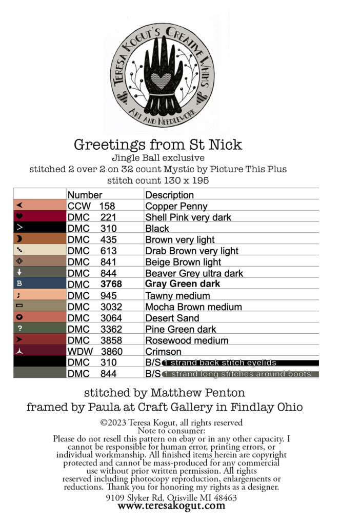 Stitched pattern 'Greetings from St Nick' featuring vibrant colors on 32 count Mystic fabric, 130x195 stitches.