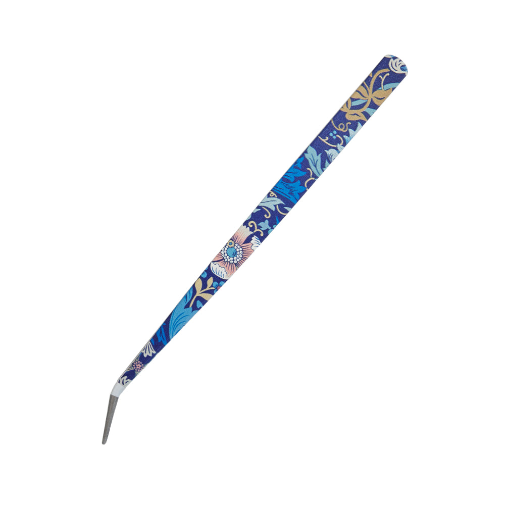 Artistic stainless steel tweezers with floral blue pattern for precise grooming and beauty care.