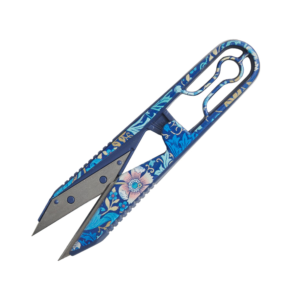 Colorful floral-patterned scissors in blue, featuring durable stainless steel blades and ergonomic handle.