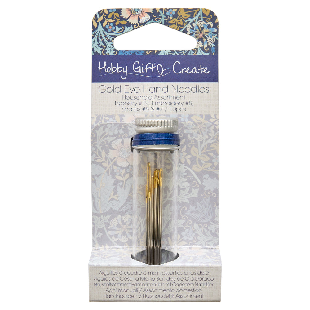 Gold eye hand needle assortment with 10 pieces, includes tapestry, embroidery, and sharp needles.