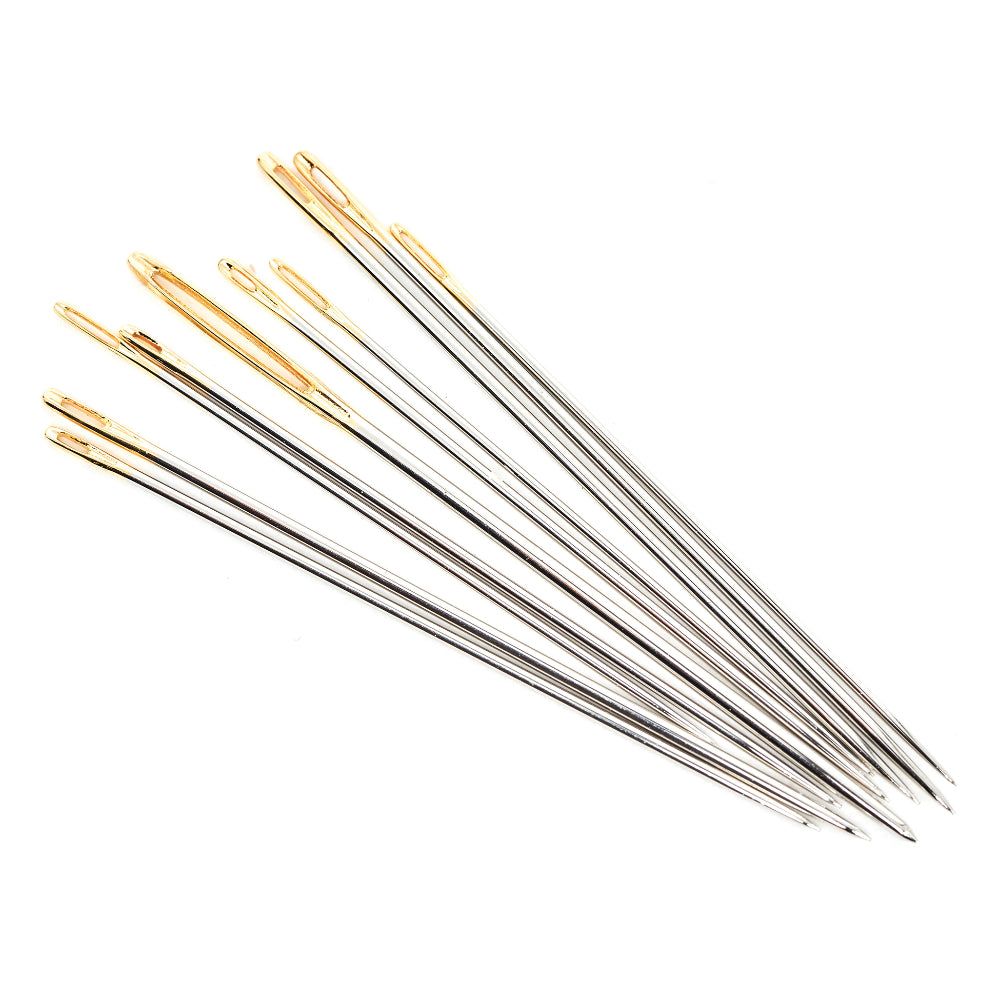 Set of 7 sewing needles with gold-plated eyes and stainless steel body, ideal for hand stitching.