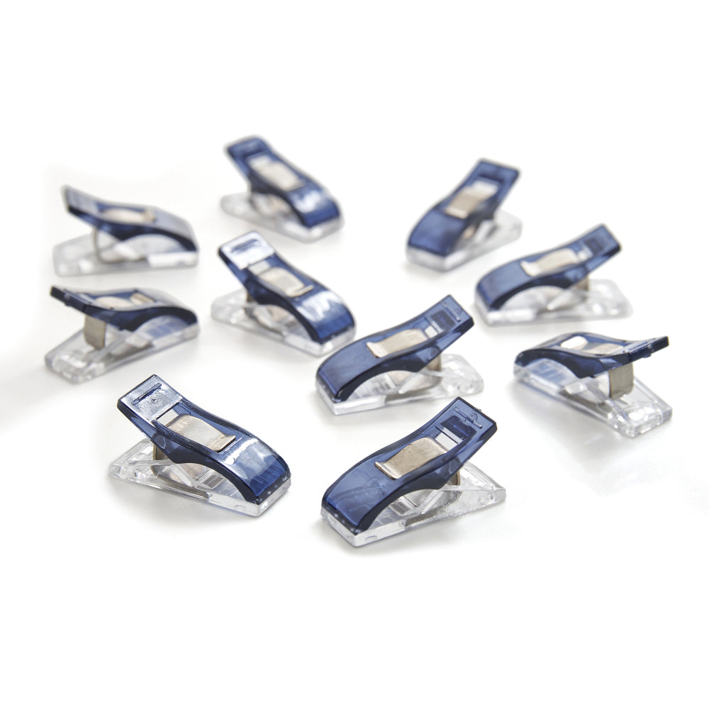 Set of 10 blue quilting clips with clear base, perfect for holding fabric layers securely.