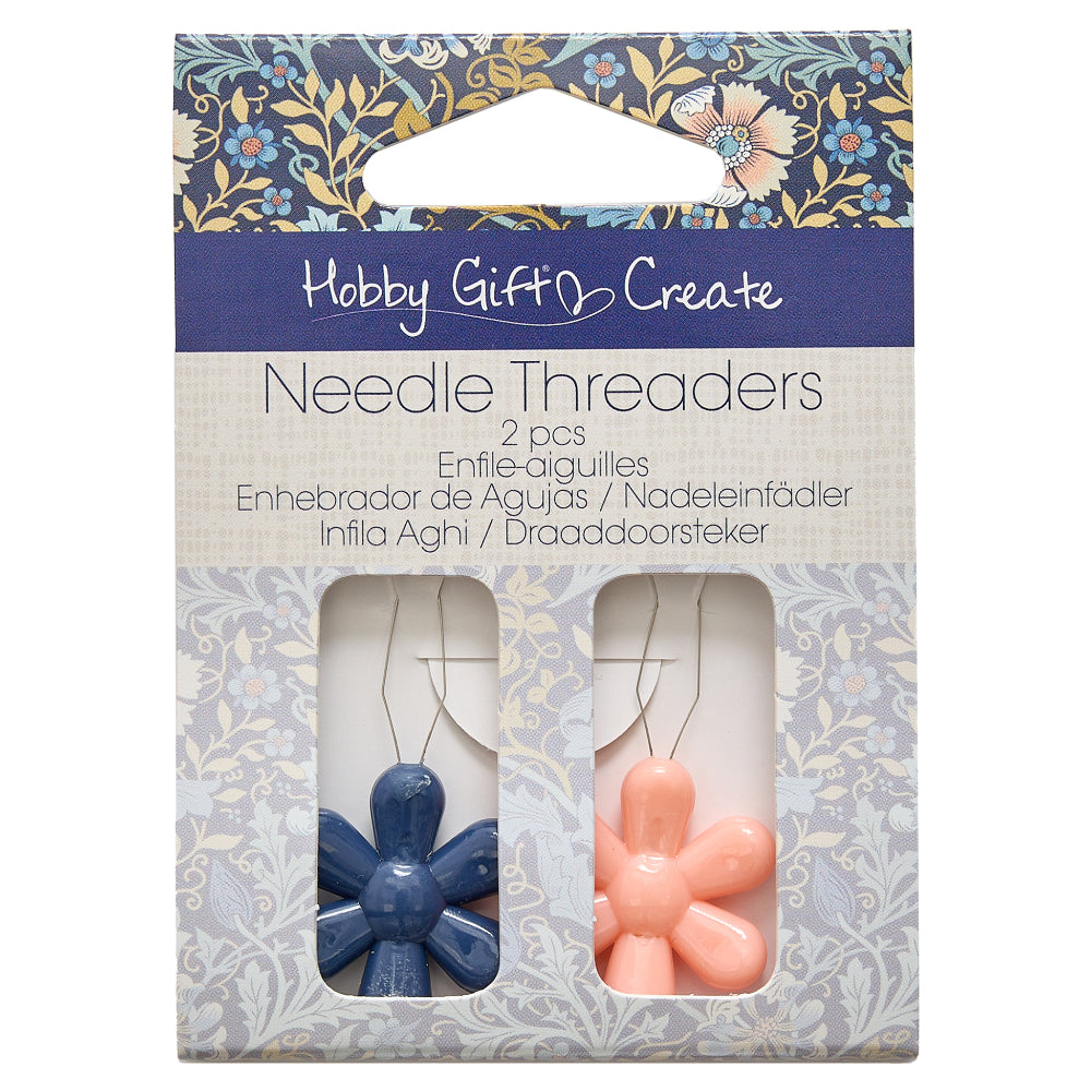 Flower-shaped needle threaders in blue and pink, pack of 2 for easy sewing and crafting.