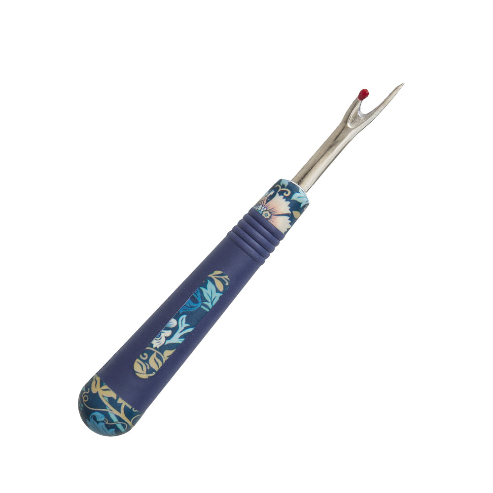 Purple seam ripper with floral handle, perfect for precise fabric cutting and seam removal.