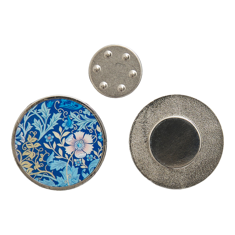 Set of three decorative magnets, featuring blue floral designs and silver metal finishes.