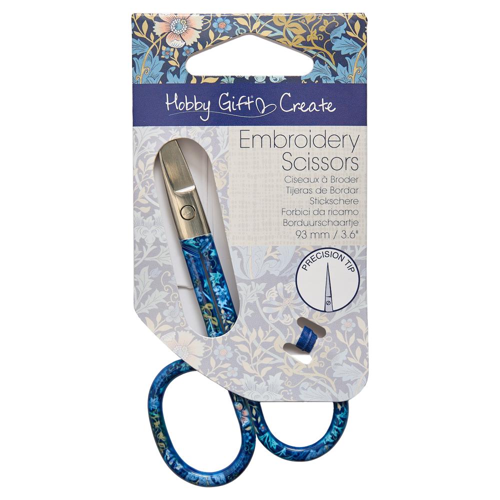 Blue embroidery scissors with precision tip, 93mm size, ideal for detailed stitching and crafts.