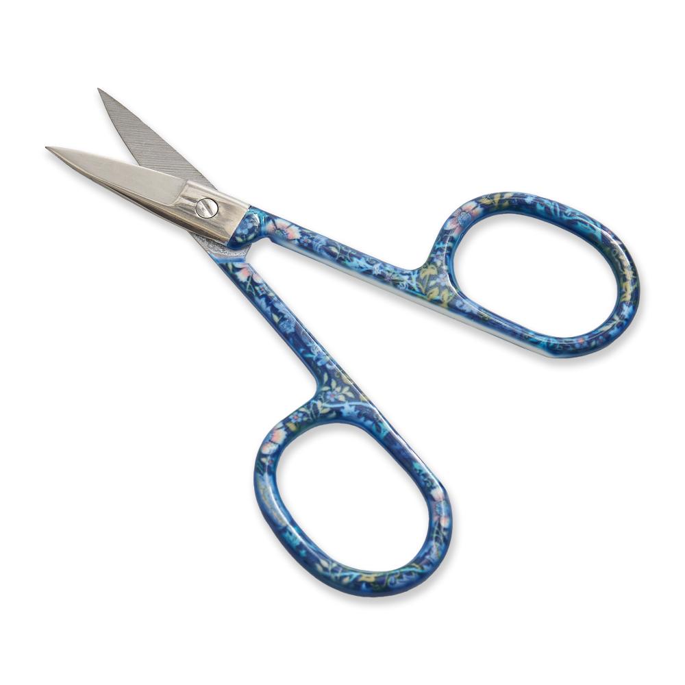 Floral-patterned blue scissors with stainless steel blades and comfortable handles for precise cutting.