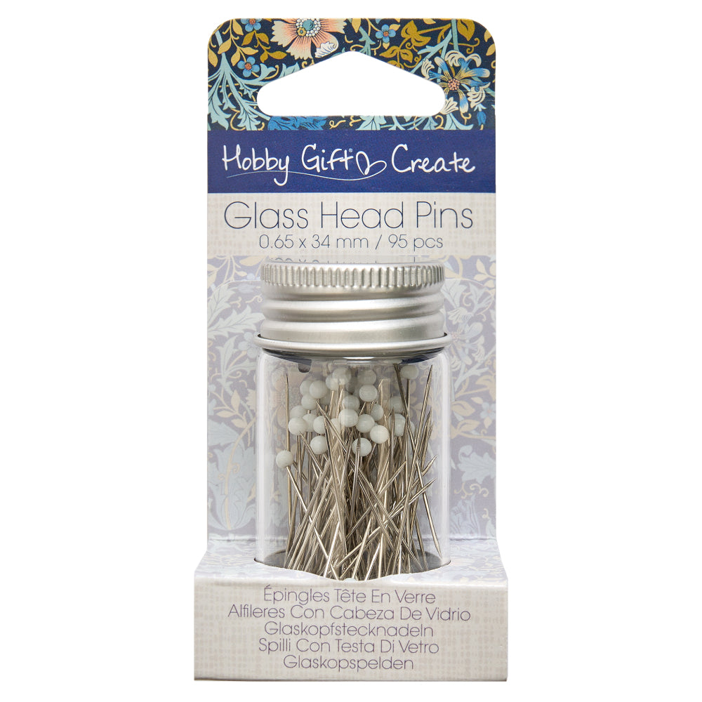 95 glass head pins, 0.65 x 34 mm, in a jar for sewing and crafting, featuring white glass heads.