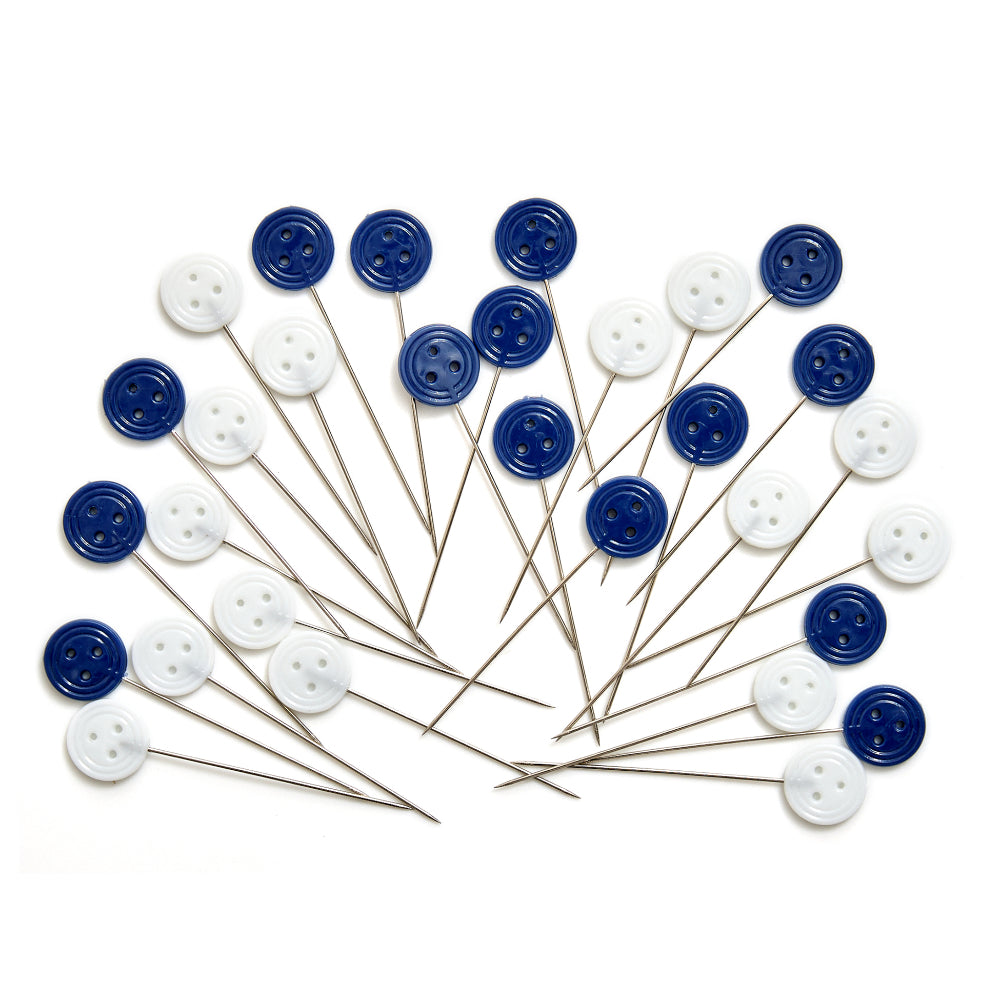 Set of 24 blue and white button pins for sewing and crafting projects, featuring two holes each.