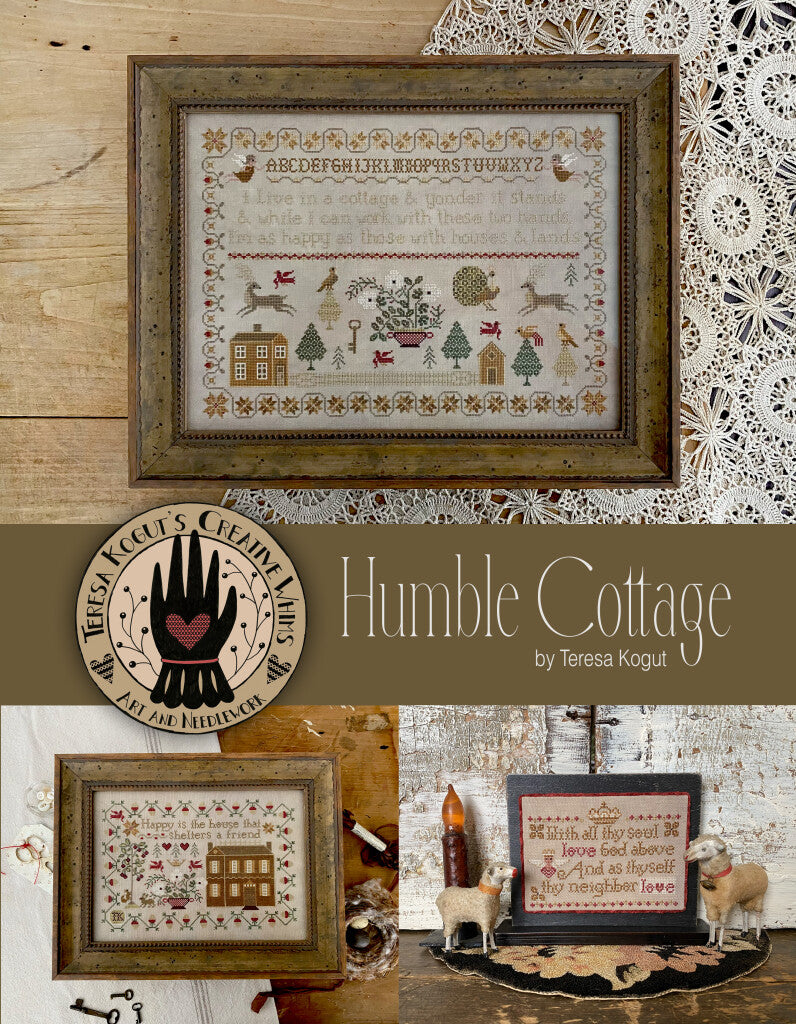 Framed cross-stitch art titled 'Humble Cottage' by Teresa Kogut, featuring earthy colors and intricate designs.