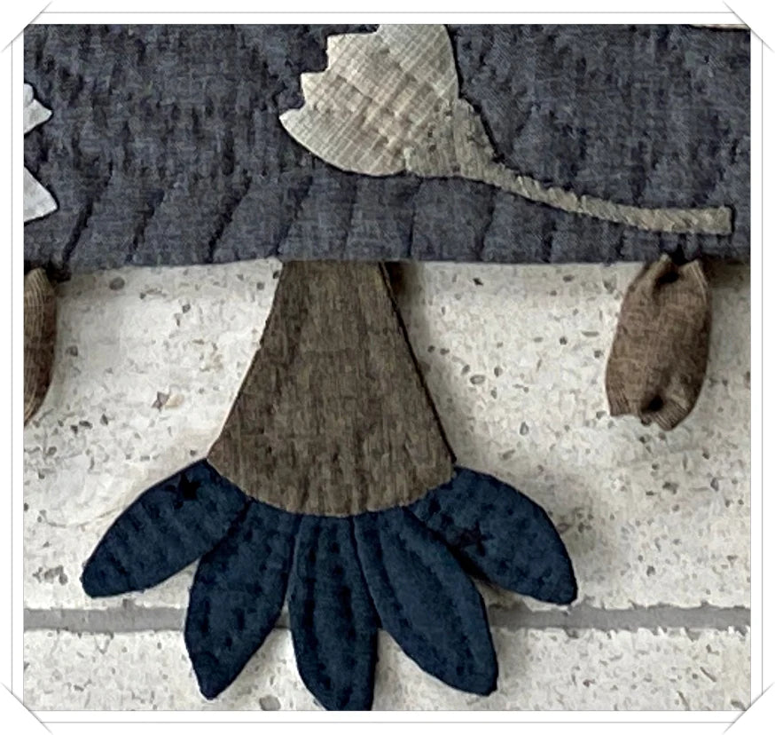 Handcrafted quilted wall hanging in shades of blue and gray, featuring floral designs.