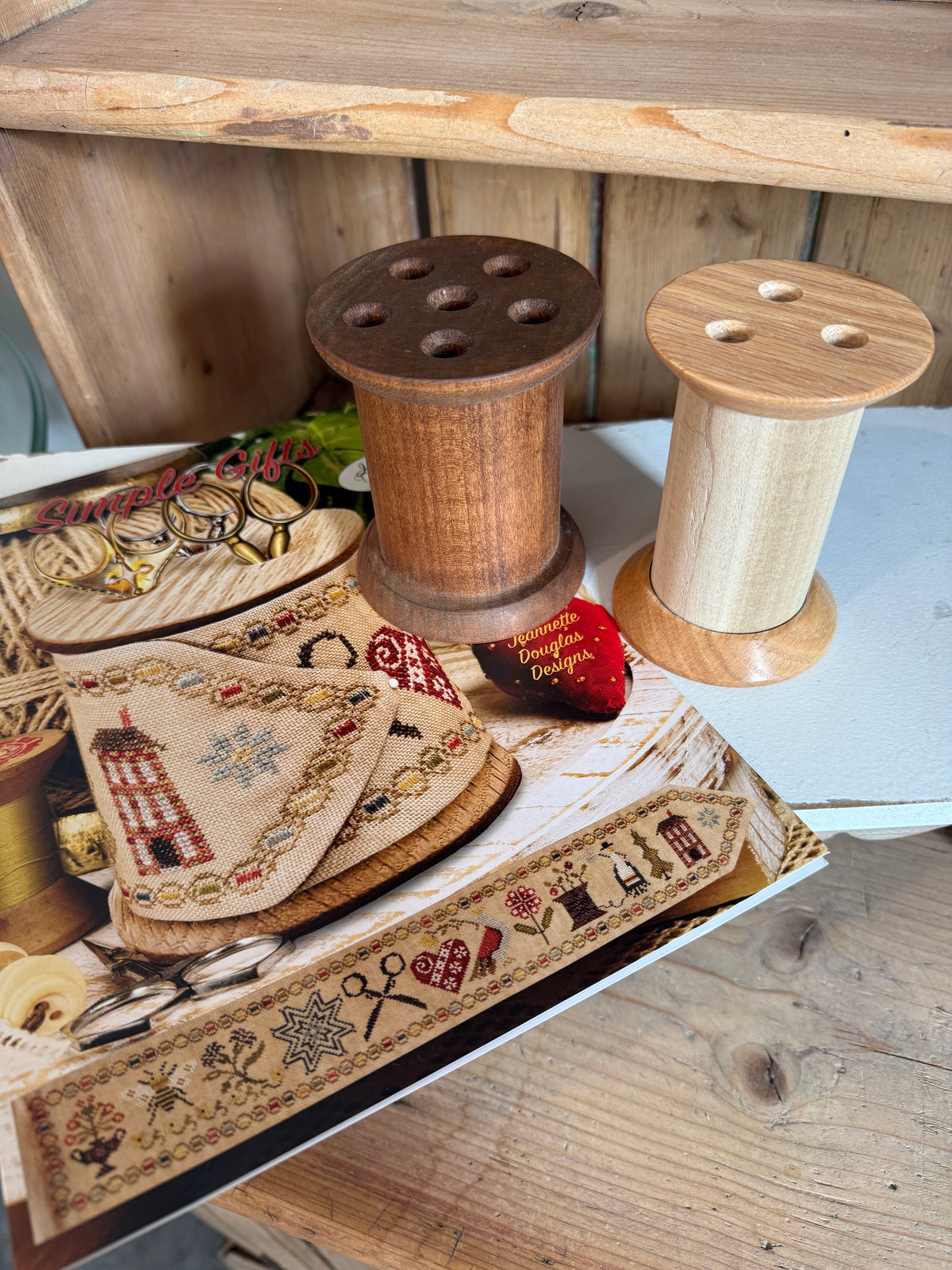 Simple Gifts Cross stitch pattern {Optional Wooden Spool} by Jeannette Douglas Designs