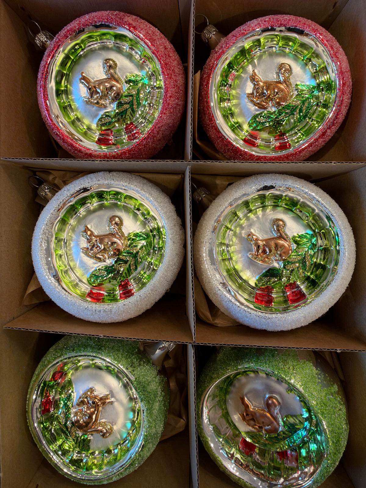 Nostalgie Handmade Ornament from Germany {Glass Reflectors with Squirrel Stamp 8cm, set of 6}
