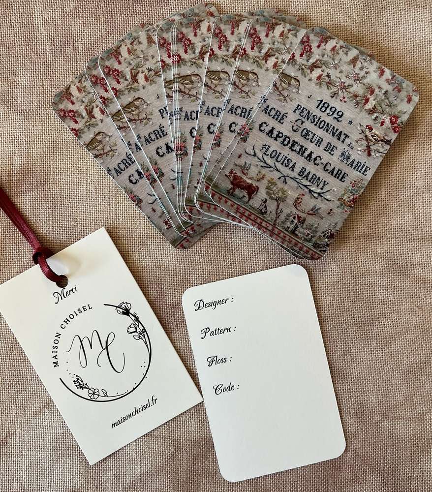 Vintage stitching cards featuring floral pattern, rustic colors, and details for crafting projects.