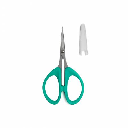 Green handled scissors with stainless steel blades and protective cover for safe storage.