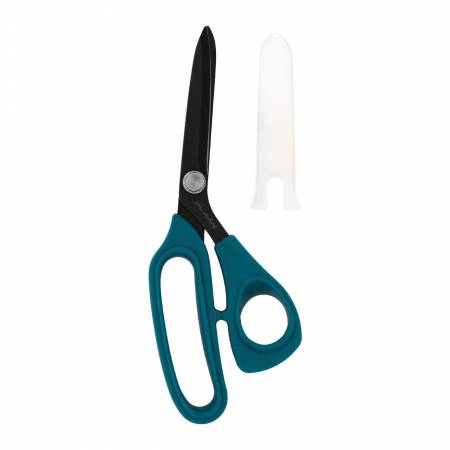 Teal ergonomic scissors with black blades and protective cover, ideal for precise cutting in crafts and office use.
