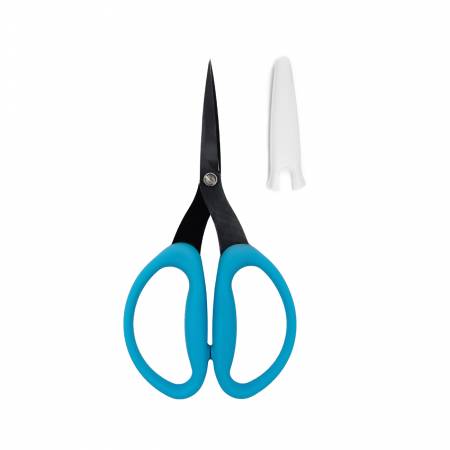 Blue-handled scissors with stainless steel blades and protective cover, ideal for crafting and household use.