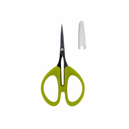 Green handled scissors with stainless steel blades and blade cover for safety.