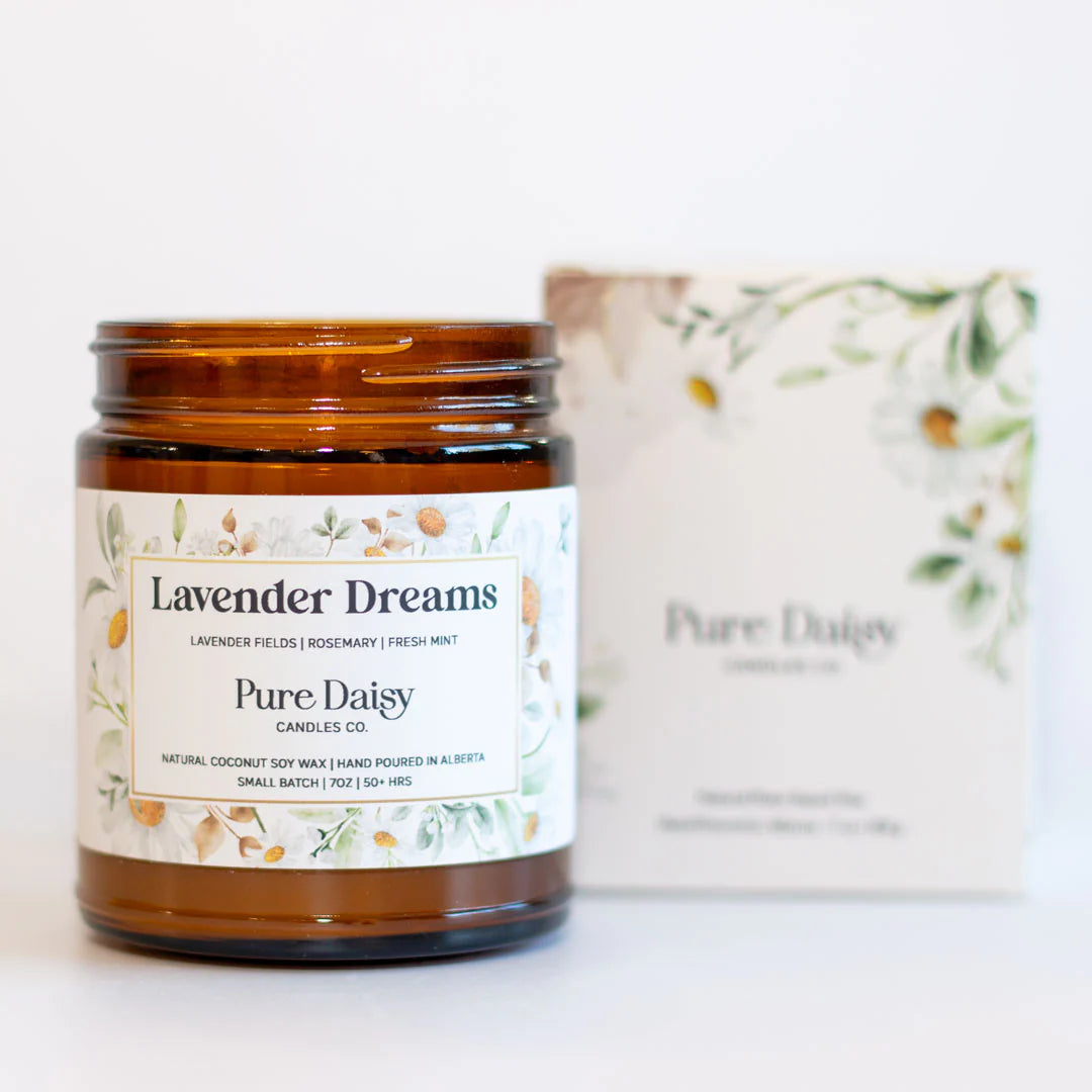Lavender Dreams candle, natural coconut soy wax, 7 oz, hand-poured, calming lavender, rosemary, mint scent.