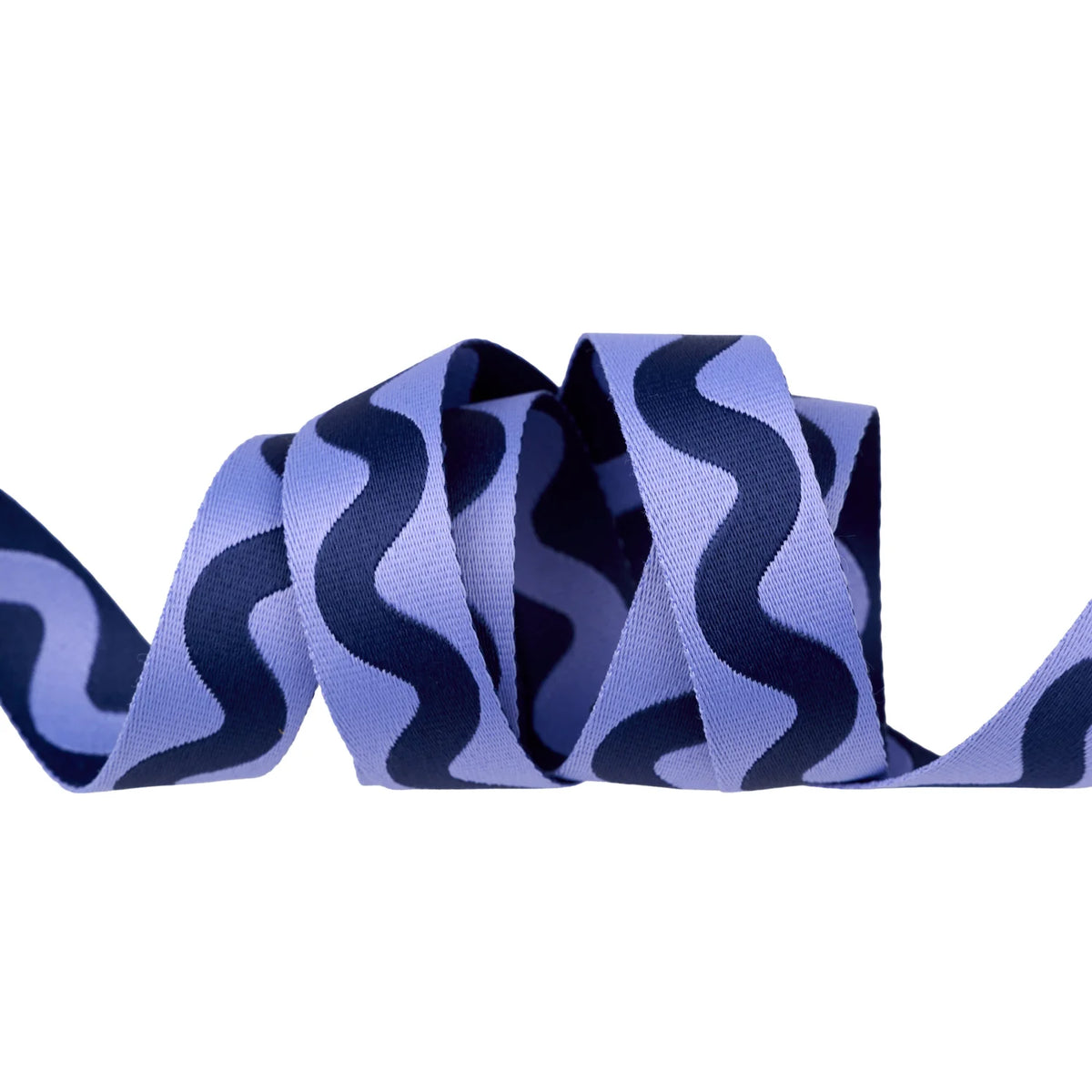 Wavy patterned ribbon in lavender and navy blue, suitable for crafts and decorating.