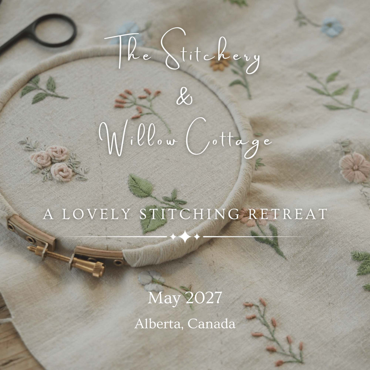 Embroidered floral fabric with a wooden hoop, perfect for a stitching retreat in Alberta, Canada, May 2027.