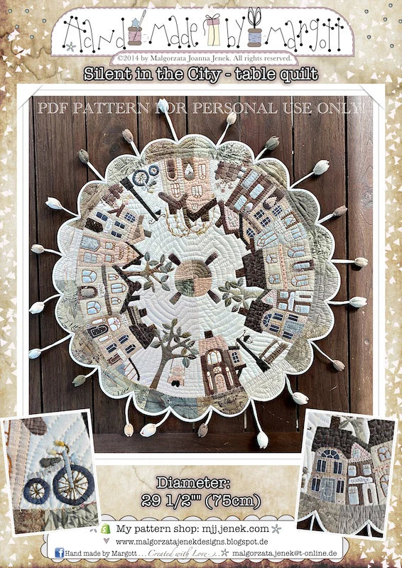 Round table quilt titled 'Silent in the City', 29.5" diameter, featuring charming cityscape design in muted colors.