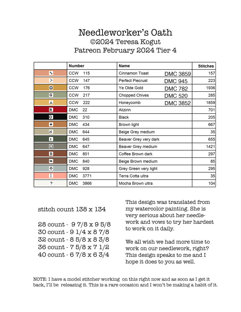 Needleworker's Oath cross-stitch pattern by Teresa Kogut, 138x134 stitches, watercolor design, various DMC floss colors.