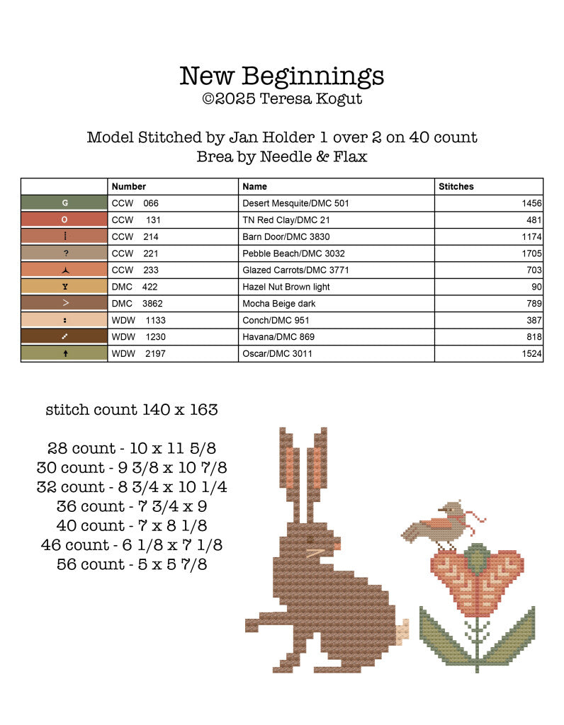 Cross stitch pattern 'New Beginnings' featuring a rabbit and flower, designed by Teresa Kogut.