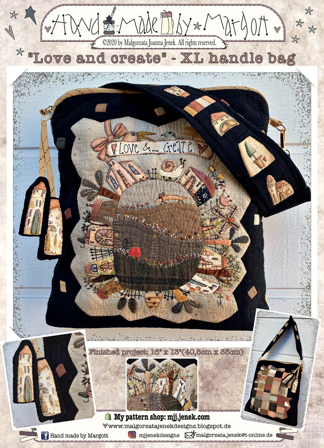 Handmade XL handle bag featuring a colorful 'Love and Create' design, quilted fabric, black color.