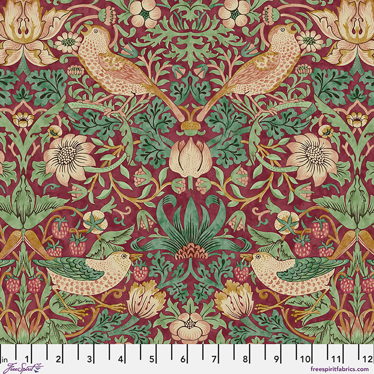 Floral fabric featuring vibrant birds and greenery, maroon background, cotton material, intricate design.