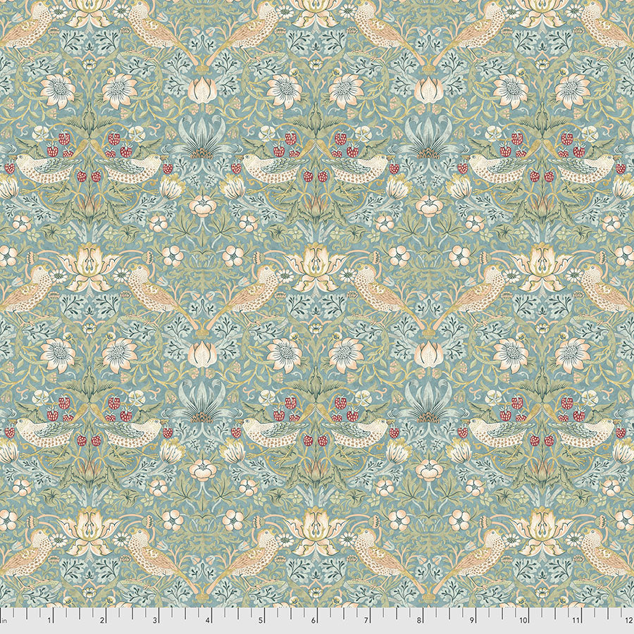 Vintage floral fabric with birds, in blue and beige tones, perfect for upholstery and home decor.