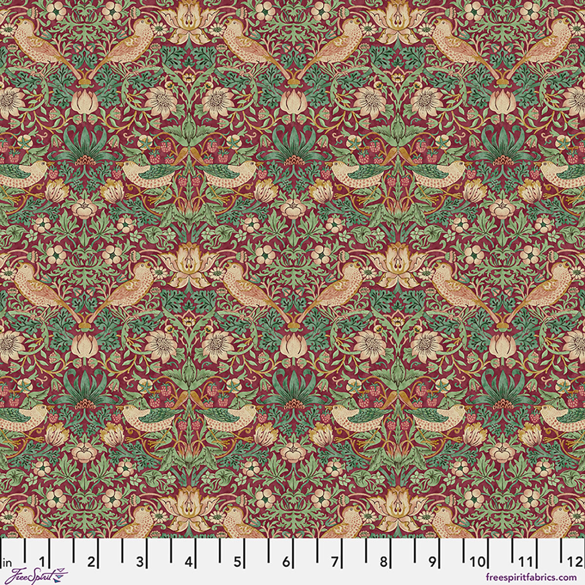 Floral and bird patterned fabric in rich burgundy, green, and cream colors, perfect for crafting and upholstery.